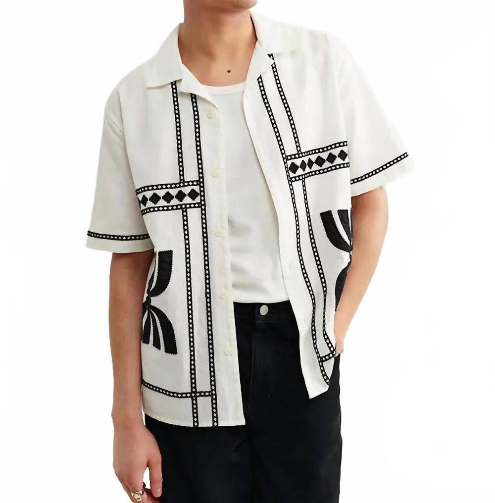 NEW WAX LONDON didcot short sleeve shirt in ecru/black border